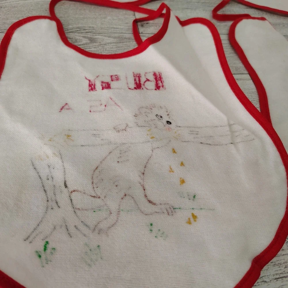 Vintage Baby Bibs Set of‎ 4 Animal Designs Red Trim Funny Cute Mouse Kitten Bear